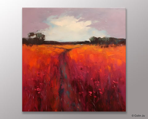 Landscape Canvas Paintings, Acrylic Abstract Art on Canvas, Red Poppy Flower Field Painting, Landscape Acrylic Painting, Living Room Wall Art Paintings-Art Painting Canvas