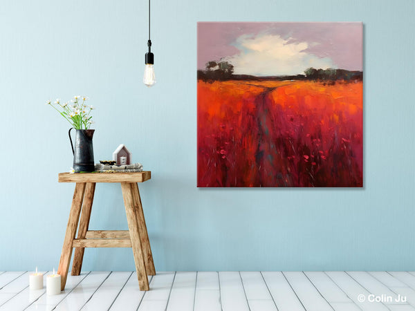 Landscape Canvas Paintings, Acrylic Abstract Art on Canvas, Red Poppy Flower Field Painting, Landscape Acrylic Painting, Living Room Wall Art Paintings-Art Painting Canvas