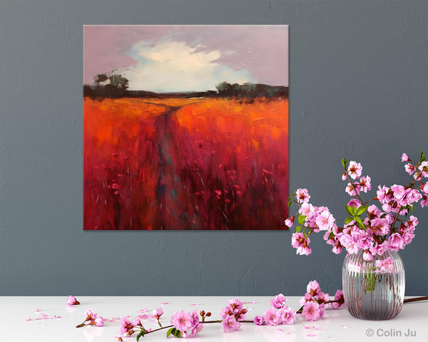 Landscape Canvas Paintings, Acrylic Abstract Art on Canvas, Red Poppy Flower Field Painting, Landscape Acrylic Painting, Living Room Wall Art Paintings-Art Painting Canvas