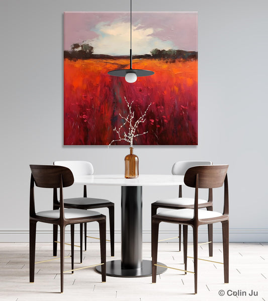Landscape Canvas Paintings, Acrylic Abstract Art on Canvas, Red Poppy Flower Field Painting, Landscape Acrylic Painting, Living Room Wall Art Paintings-Art Painting Canvas
