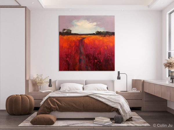 Landscape Canvas Paintings, Acrylic Abstract Art on Canvas, Red Poppy Flower Field Painting, Landscape Acrylic Painting, Living Room Wall Art Paintings-Art Painting Canvas