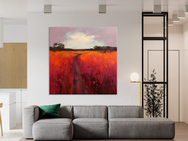 Landscape Canvas Paintings, Acrylic Abstract Art on Canvas, Red Poppy Flower Field Painting, Landscape Acrylic Painting, Living Room Wall Art Paintings-Art Painting Canvas