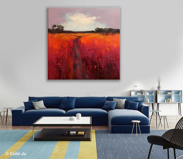 Landscape Canvas Paintings, Acrylic Abstract Art on Canvas, Red Poppy Flower Field Painting, Landscape Acrylic Painting, Living Room Wall Art Paintings-Art Painting Canvas