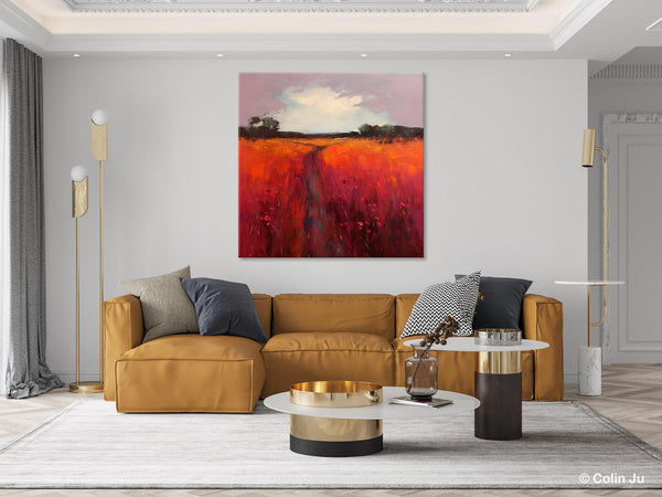 Landscape Canvas Paintings, Acrylic Abstract Art on Canvas, Red Poppy Flower Field Painting, Landscape Acrylic Painting, Living Room Wall Art Paintings-Art Painting Canvas