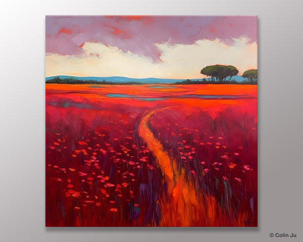 Original Hand Painted Wall Art, Landscape Paintings for Living Room, Abstract Canvas Painting, Abstract Landscape Art, Red Poppy Field Painting-Art Painting Canvas
