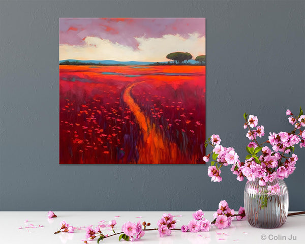 Original Hand Painted Wall Art, Landscape Paintings for Living Room, Abstract Canvas Painting, Abstract Landscape Art, Red Poppy Field Painting-Art Painting Canvas