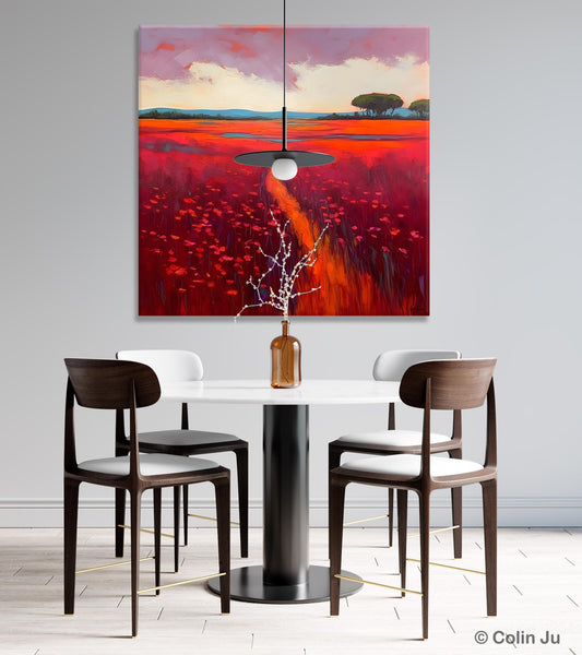 Original Hand Painted Wall Art, Landscape Paintings for Living Room, Abstract Canvas Painting, Abstract Landscape Art, Red Poppy Field Painting-Art Painting Canvas
