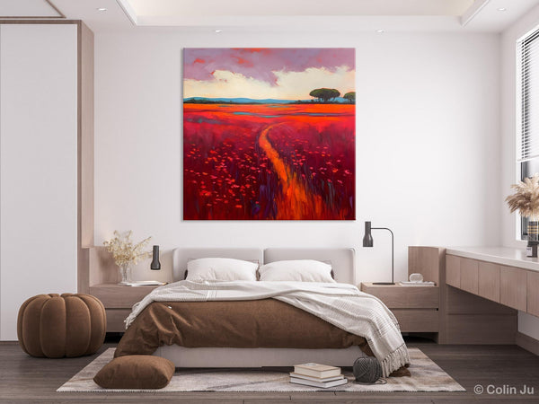 Original Hand Painted Wall Art, Landscape Paintings for Living Room, Abstract Canvas Painting, Abstract Landscape Art, Red Poppy Field Painting-Art Painting Canvas