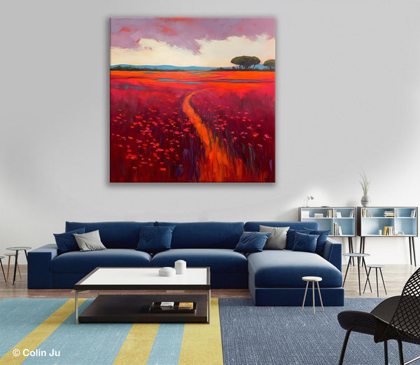 Original Hand Painted Wall Art, Landscape Paintings for Living Room, Abstract Canvas Painting, Abstract Landscape Art, Red Poppy Field Painting-Art Painting Canvas