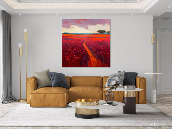 Original Hand Painted Wall Art, Landscape Paintings for Living Room, Abstract Canvas Painting, Abstract Landscape Art, Red Poppy Field Painting-Art Painting Canvas