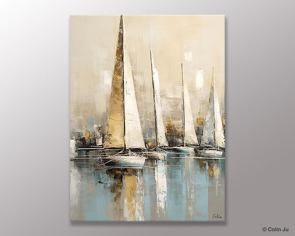Modern Abstract Wall Art Paintings, Large Original Canvas Art for Bedroom, Large Painting Ideas for Living Room, Sail Boat Canvas Painting-Art Painting Canvas