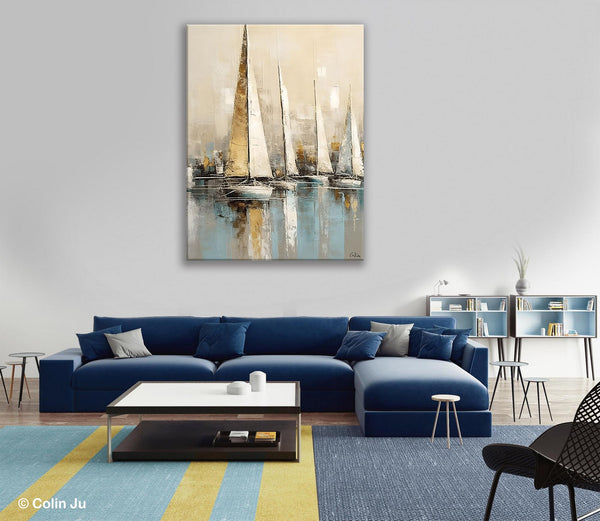 Modern Abstract Wall Art Paintings, Large Original Canvas Art for Bedroom, Large Painting Ideas for Living Room, Sail Boat Canvas Painting-Art Painting Canvas