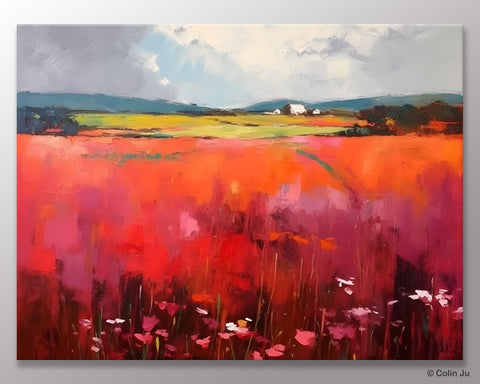 Abstract Canvas Painting, Landscape Paintings for Living Room, Red Poppy Field Painting, Original Hand Painted Wall Art, Abstract Landscape Art-Art Painting Canvas