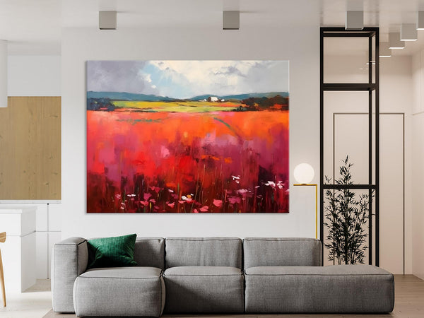 Abstract Canvas Painting, Landscape Paintings for Living Room, Red Poppy Field Painting, Original Hand Painted Wall Art, Abstract Landscape Art-Art Painting Canvas