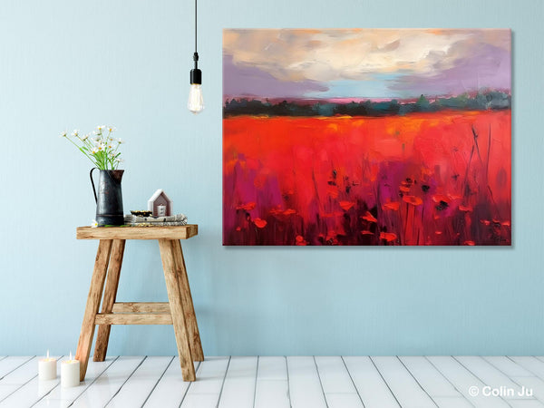 Simple Modern Art, Original Landscape Painting, Landscape Paintings for Living Room, Poppy Filed Canvas Paintings, Large Wall Art Paintings-Art Painting Canvas