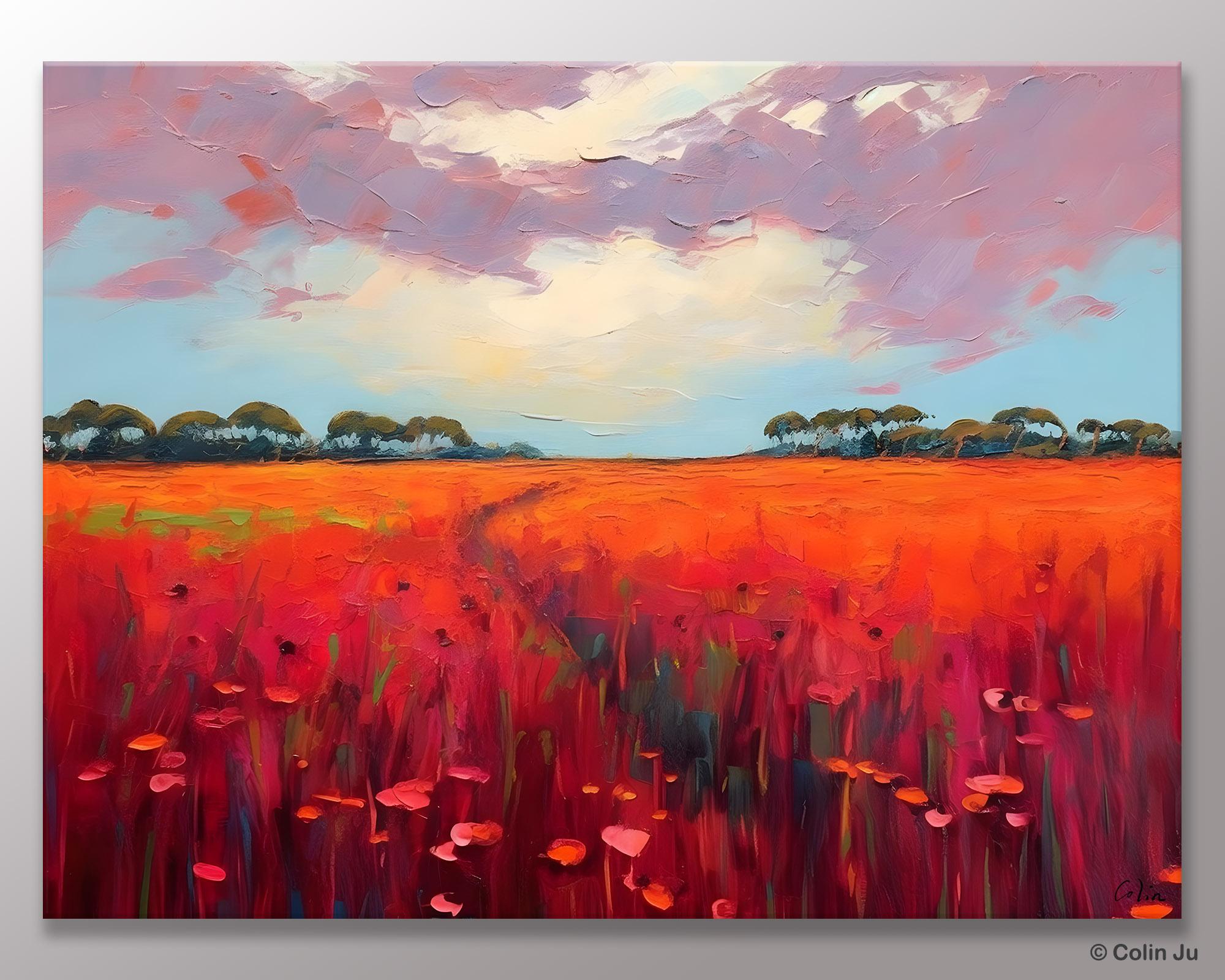 Acrylic Abstract Art, Landscape Canvas Paintings, Red Poppy Flower Field Painting, Landscape Acrylic Painting, Living Room Wall Art Paintings-Art Painting Canvas