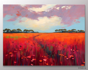 Acrylic Abstract Art, Landscape Canvas Paintings, Red Poppy Flower Field Painting, Landscape Acrylic Painting, Living Room Wall Art Paintings-Art Painting Canvas