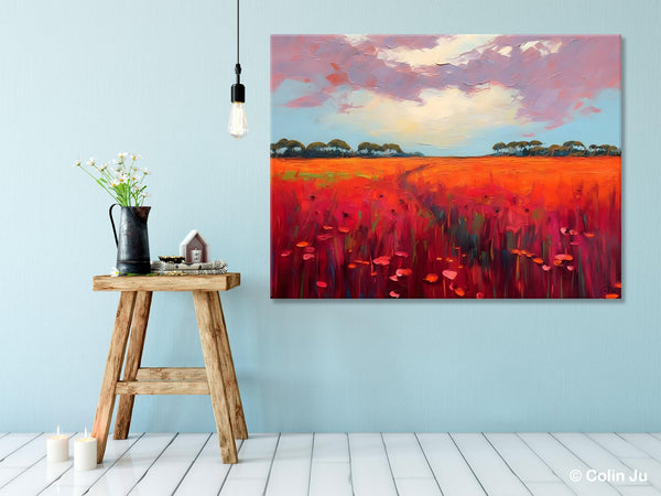 Acrylic Abstract Art, Landscape Canvas Paintings, Red Poppy Flower Field Painting, Landscape Acrylic Painting, Living Room Wall Art Paintings-Art Painting Canvas