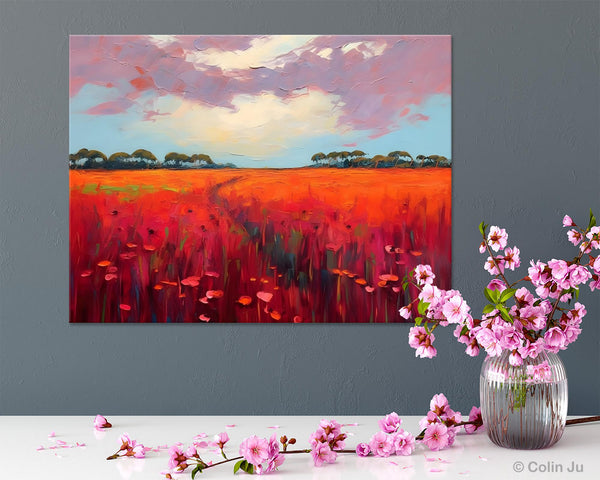 Acrylic Abstract Art, Landscape Canvas Paintings, Red Poppy Flower Field Painting, Landscape Acrylic Painting, Living Room Wall Art Paintings-Art Painting Canvas