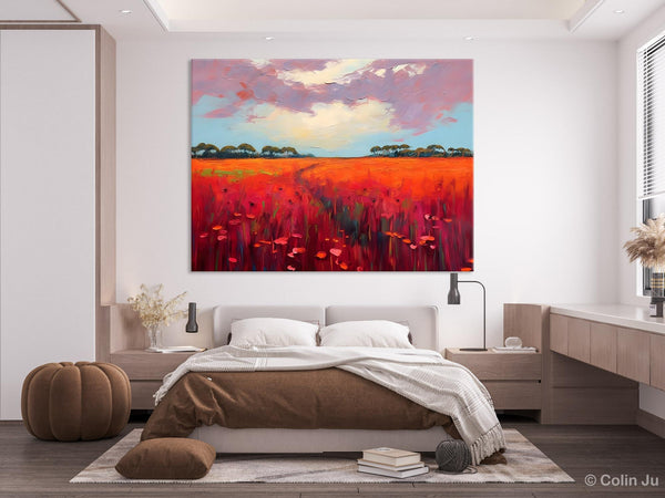 Acrylic Abstract Art, Landscape Canvas Paintings, Red Poppy Flower Field Painting, Landscape Acrylic Painting, Living Room Wall Art Paintings-Art Painting Canvas