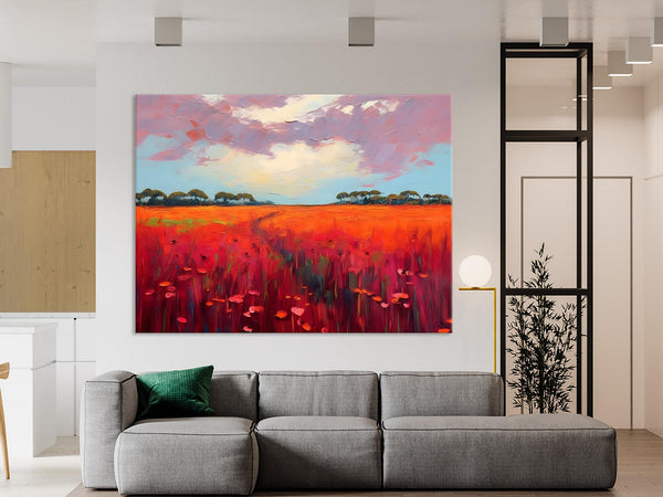 Acrylic Abstract Art, Landscape Canvas Paintings, Red Poppy Flower Field Painting, Landscape Acrylic Painting, Living Room Wall Art Paintings-Art Painting Canvas