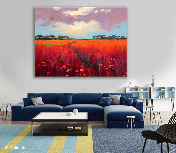 Acrylic Abstract Art, Landscape Canvas Paintings, Red Poppy Flower Field Painting, Landscape Acrylic Painting, Living Room Wall Art Paintings-Art Painting Canvas
