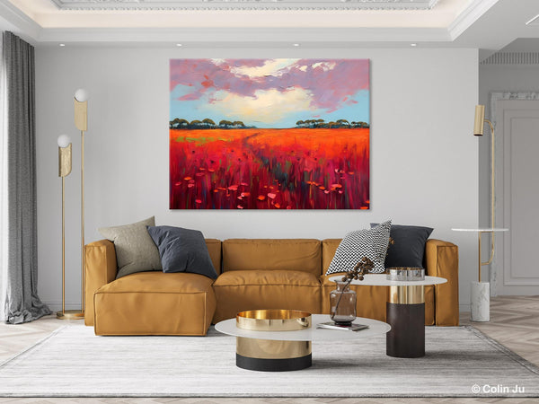 Acrylic Abstract Art, Landscape Canvas Paintings, Red Poppy Flower Field Painting, Landscape Acrylic Painting, Living Room Wall Art Paintings-Art Painting Canvas