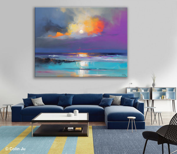 Landscape Painting on Canvas, Hand Painted Canvas Art, Moon Rising from Sea, Contemporary Wall Art Paintings, Extra Large Original Art-Art Painting Canvas