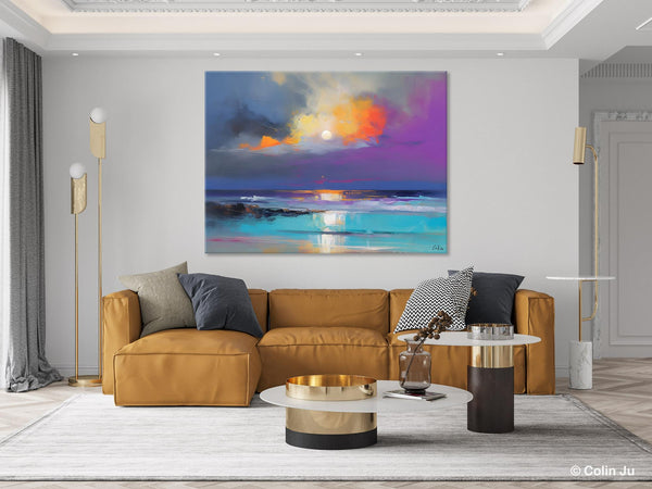 Landscape Painting on Canvas, Hand Painted Canvas Art, Moon Rising from Sea, Contemporary Wall Art Paintings, Extra Large Original Art-Art Painting Canvas