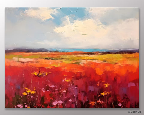 Extra Large Wall Art Painting, Landscape Canvas Painting for Living Room, Flower Field Acrylic Paintings, Original Landscape Acrylic Artwork-Art Painting Canvas