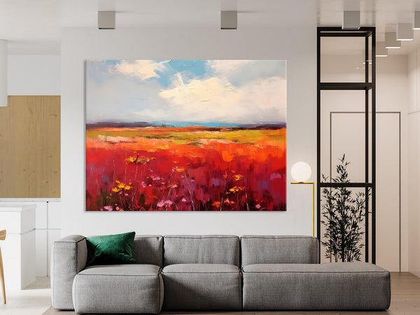 Extra Large Wall Art Painting, Landscape Canvas Painting for Living Room, Flower Field Acrylic Paintings, Original Landscape Acrylic Artwork-Art Painting Canvas