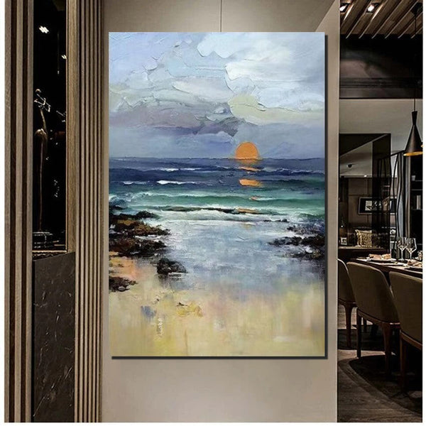 Contemporary Abstract Art for Dining Room, Seashore Sunrise Paintings, Living Room Canvas Art Ideas, Large Landscape Painting, Simple Modern Art-Art Painting Canvas