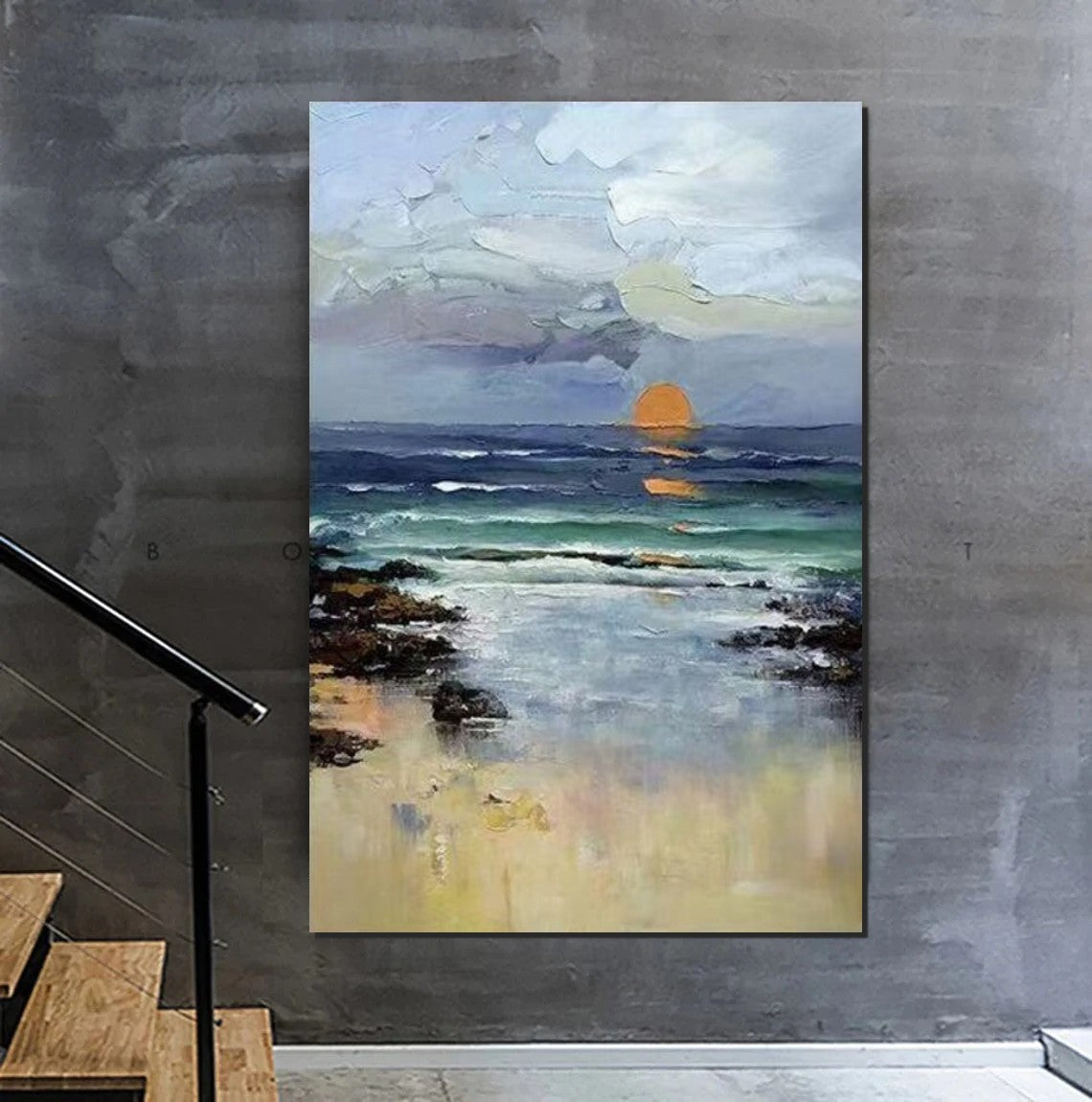 Contemporary Abstract Art for Dining Room, Seashore Sunrise Paintings, Living Room Canvas Art Ideas, Large Landscape Painting, Simple Modern Art-Art Painting Canvas