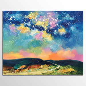 Abstract Landscape Painting, Starry Night Sky Painting, Heavy Texture Painting, Custom Canvas Painting for Sale, Large Painting for Bedroom-Art Painting Canvas