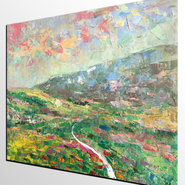 Mountain Landscape Painting, Palette Knife Paintings, Custom Wall Art Painting on Canvas, Spring Mountain Painting-Art Painting Canvas