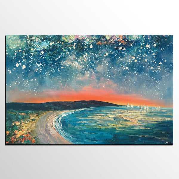 Starry Night Sky Seashore Painting, Abstract Art Painting, Canvas Oil Painting, Heavy Texture Art, Bedroom Wall Art, Landscape Painting, Large Art, Original Art-Art Painting Canvas