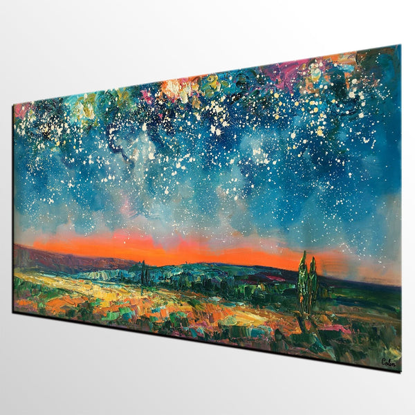 Original Landscape Painting, Starry Night Sky Painting, Bedroom Wall Art Paintings, Custom Original Painting for Sale-Art Painting Canvas