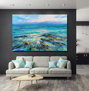 Abstract Landscape Paintings, Blue Sea Wave Painting, Landscape Canvas Paintings, Seascape Painting, Acrylic Paintings for Living Room, Hand Painted Canvas Art-Art Painting Canvas