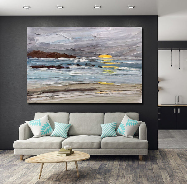 Abstract Landscape Paintings, Landscape Canvas Paintings, Seashore Sunrise Painting, Acrylic Paintings for Living Room, Large Simple Modern Art-Art Painting Canvas