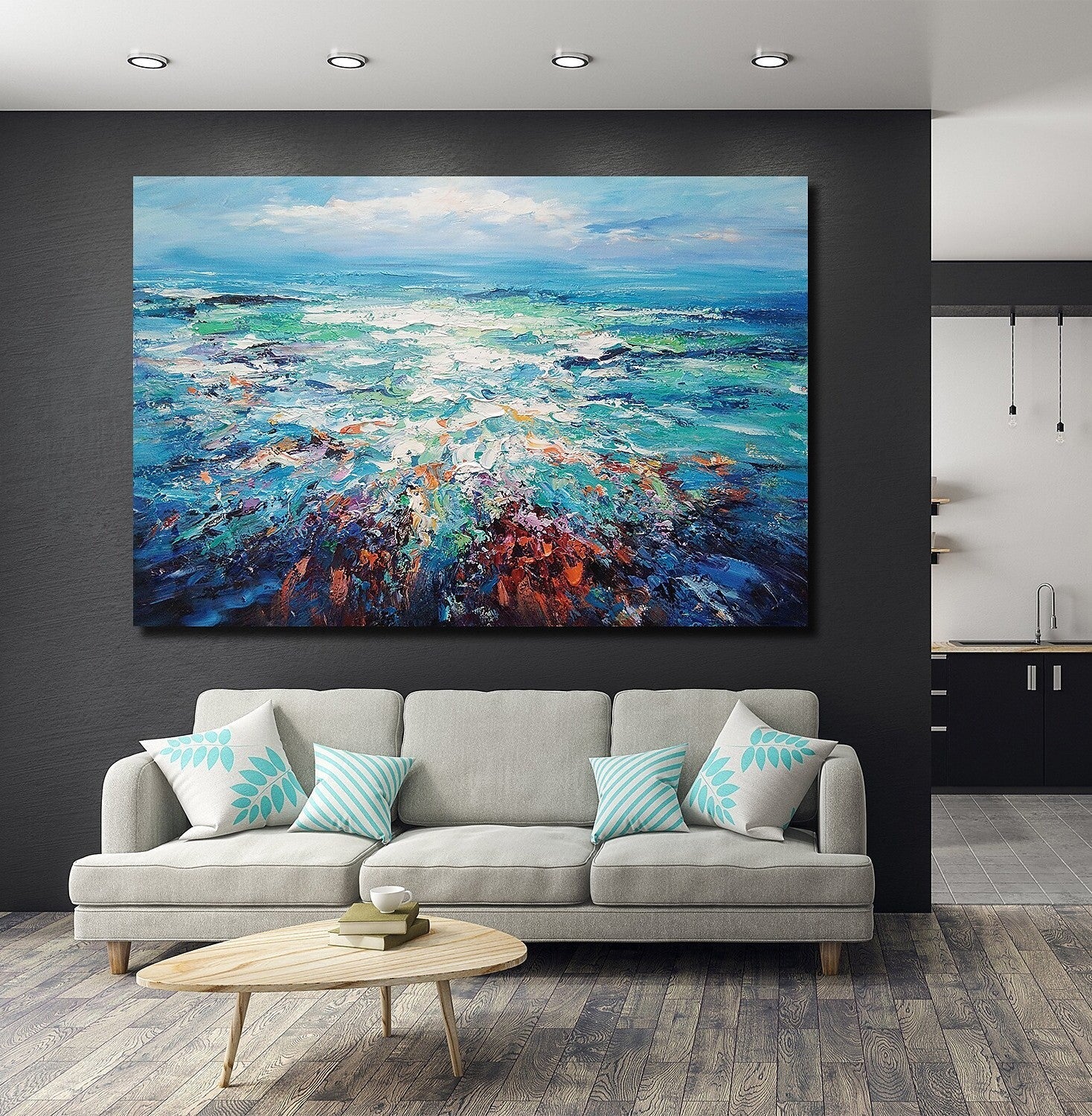 Landscape Canvas Paintings, Abstract Landscape Paintings, Blue Sea Wave Painting, Seascape Painting, Landscape Paintings for Living Room, Heavy Texture Canvas Art-Art Painting Canvas