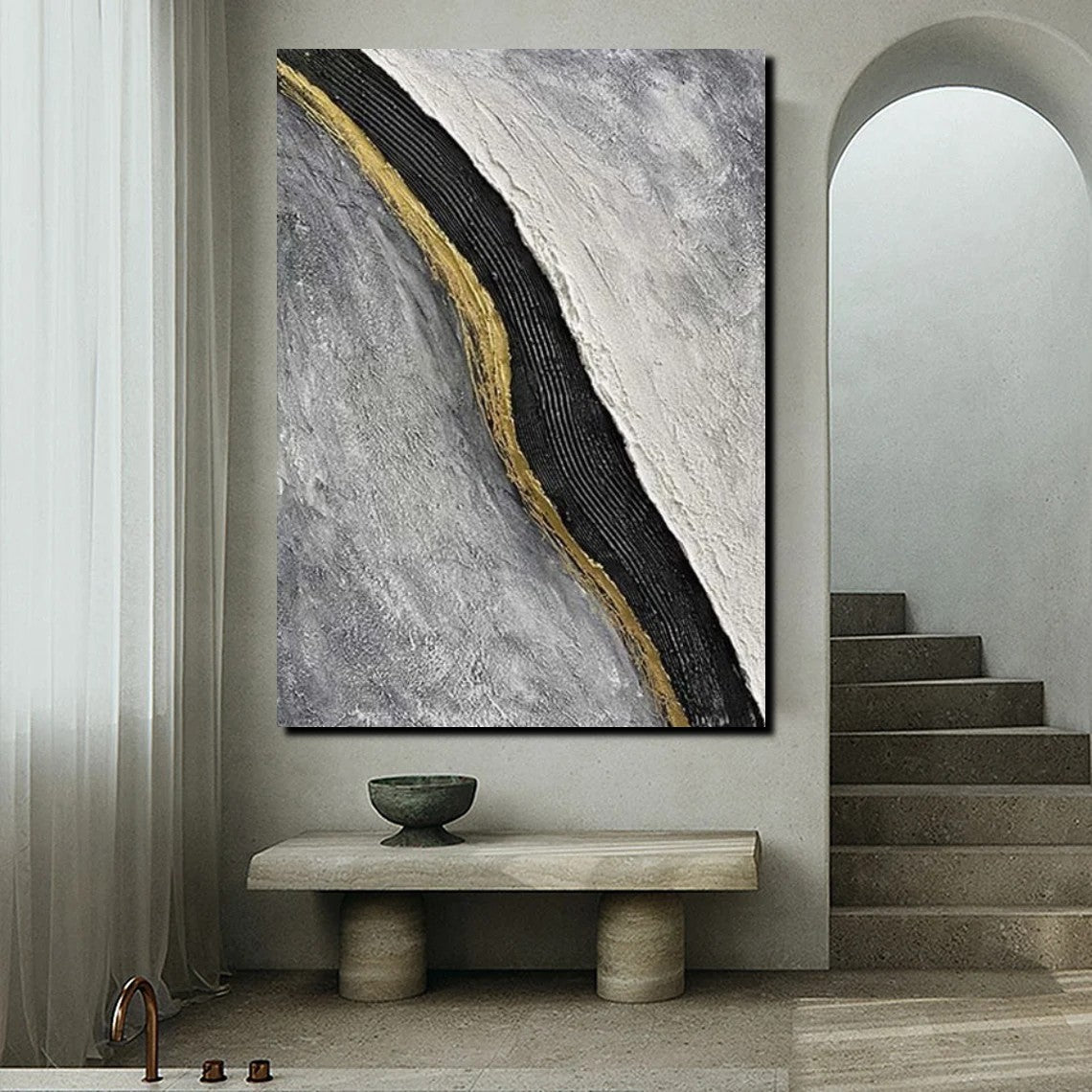 Bedroom Wall Art Ideas Black Abstract Painting, Modern Dark Decor, Hand Painted Minimalist, Large Canvas Print, Cozy Home Atmosphere