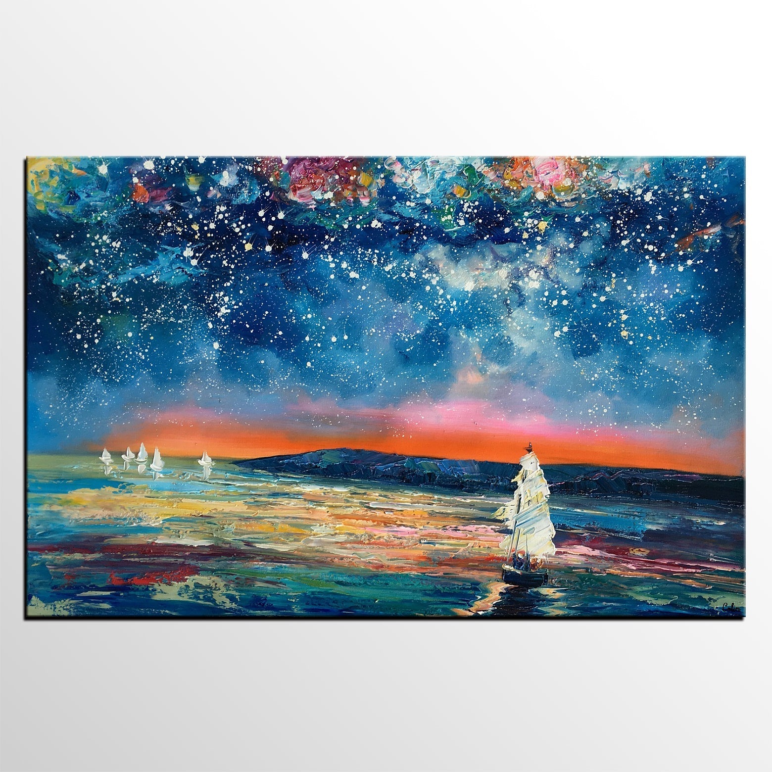 Canvas Painting, Abstract Art for Sale, Sail Boat under Starry Night Sky Painting, Custom Art, Buy Art Online-Art Painting Canvas