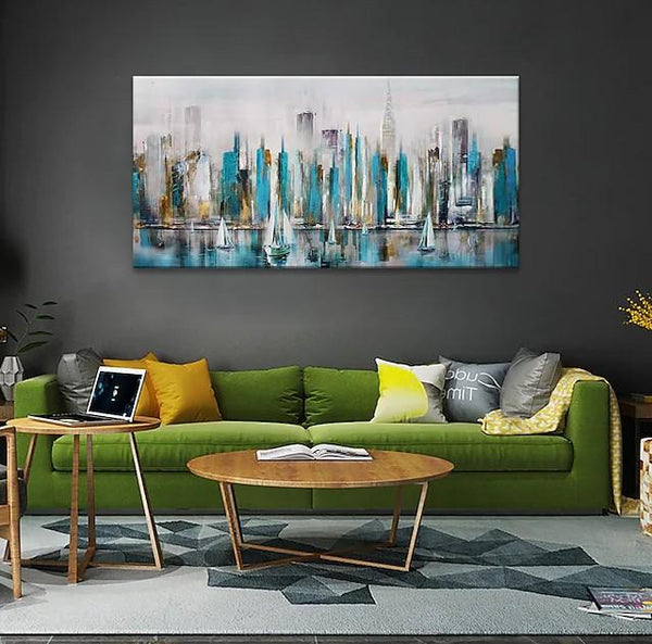 Sail Boat Painting, Cityscape Painting, Abstract Landscape Art, Wall Art Paintings, Simple Modern Paintings for Living Room-Art Painting Canvas