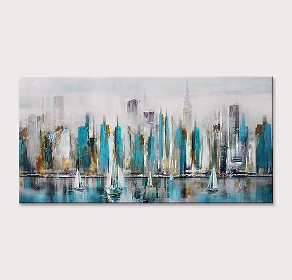 Sail Boat Painting, Cityscape Painting, Abstract Landscape Art, Wall Art Paintings, Simple Modern Paintings for Living Room-Art Painting Canvas