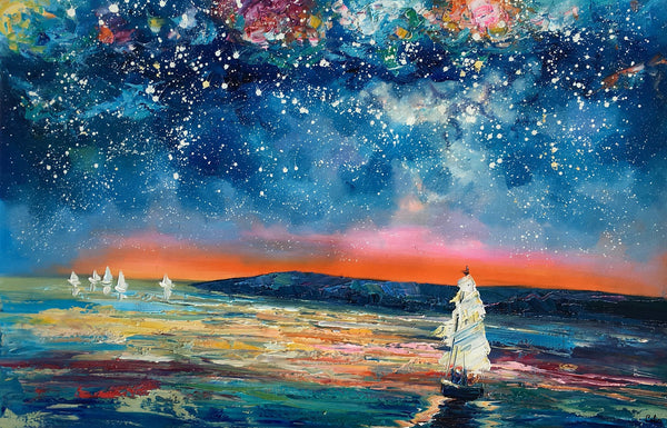 Canvas Painting, Abstract Art for Sale, Sail Boat under Starry Night Sky Painting, Custom Art, Buy Art Online-Art Painting Canvas