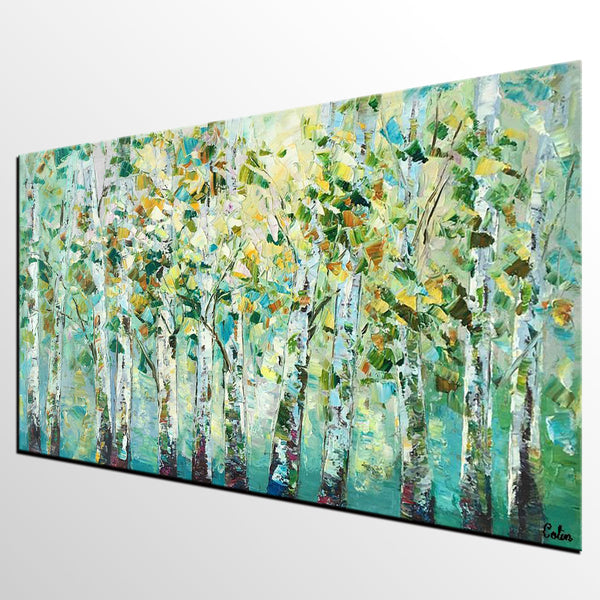 Birch Tree Painting, Abstract Autumn Painting, Heavy Texture Painting, Custom Landscape Painting-Art Painting Canvas