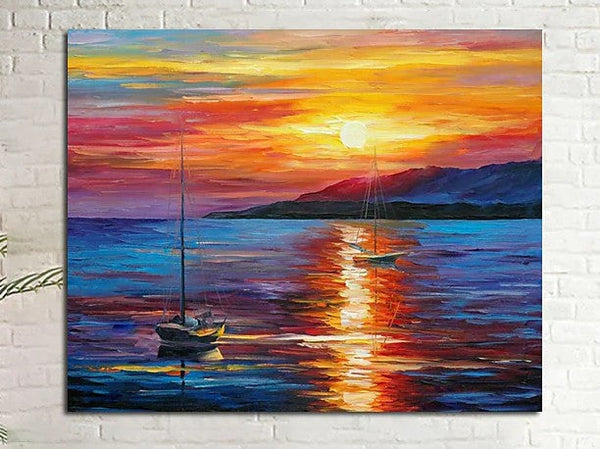 Boat Paintings, Simple Modern Art, Paintings for Living Room, Sunrise Painting, landscape Canvas Painting, Hand Painted Canvas Painting-Art Painting Canvas