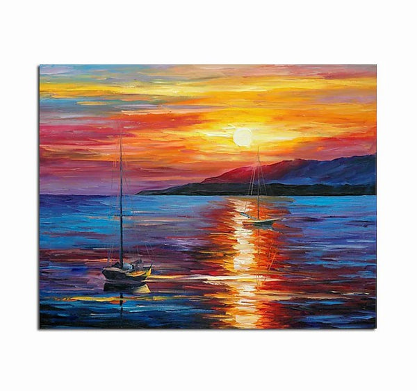 Boat Paintings, Simple Modern Art, Paintings for Living Room, Sunrise Painting, landscape Canvas Painting, Hand Painted Canvas Painting-Art Painting Canvas