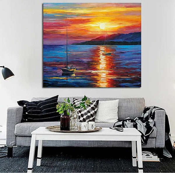 Boat Paintings, Simple Modern Art, Paintings for Living Room, Sunrise Painting, landscape Canvas Painting, Hand Painted Canvas Painting-Art Painting Canvas