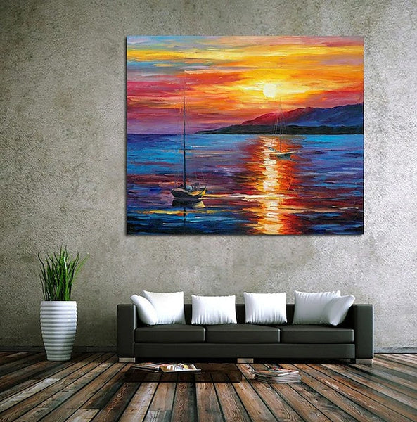 Boat Paintings, Simple Modern Art, Paintings for Living Room, Sunrise Painting, landscape Canvas Painting, Hand Painted Canvas Painting-Art Painting Canvas